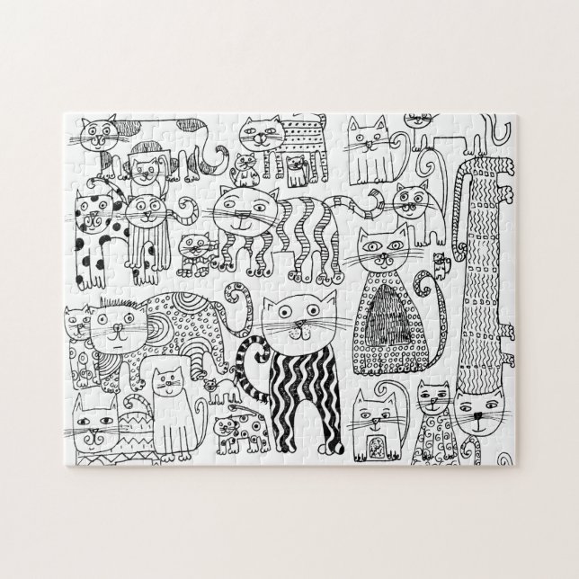 Modern Black and White Hand Drawn Cats Pattern  Jigsaw Puzzle (Horizontal)
