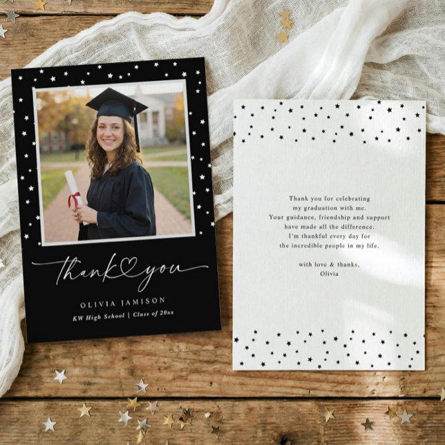 Modern Black and White Handwriting Graduation Thank You Card (Modern graduation thank you card featuring photo, script text and simple design)
