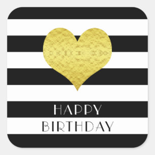 Modern Black And White Heart Happy Birthday Square Sticker