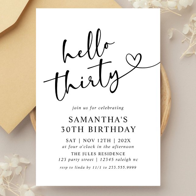 Modern Black and White Hello 30th Birthday Party Invitation (Creator Uploaded)