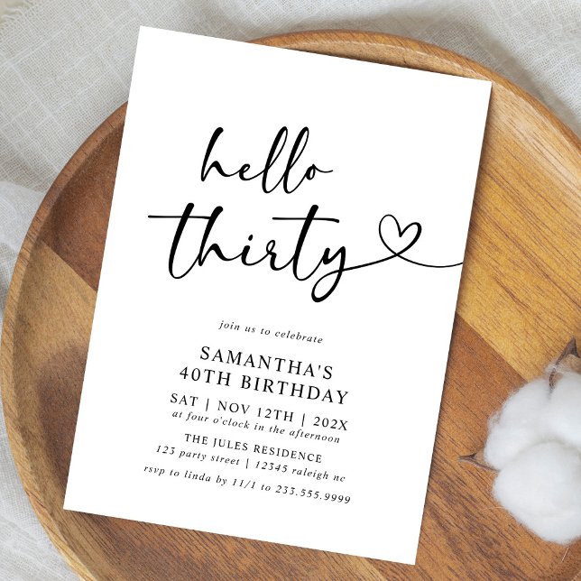 Modern Black and White Hello 30th Birthday Party Invitation (Creator Uploaded)