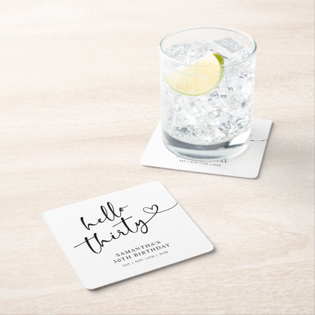 Modern Black and White Hello 30th Birthday Square Paper Coaster (Insitu)