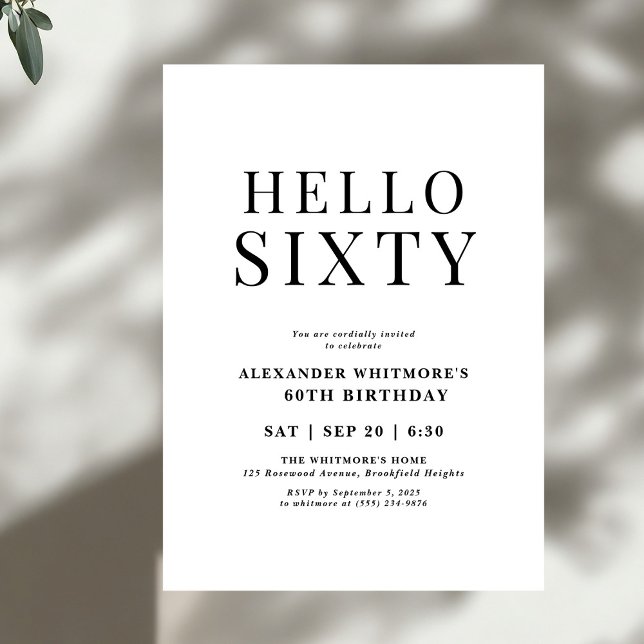 Modern Black and White Hello 60th Birthday Invitation (Creator Uploaded)