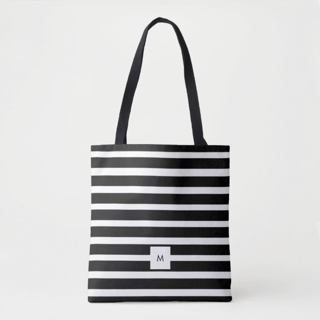 Modern black and white horizontal stripes monogram tote bag (Front)