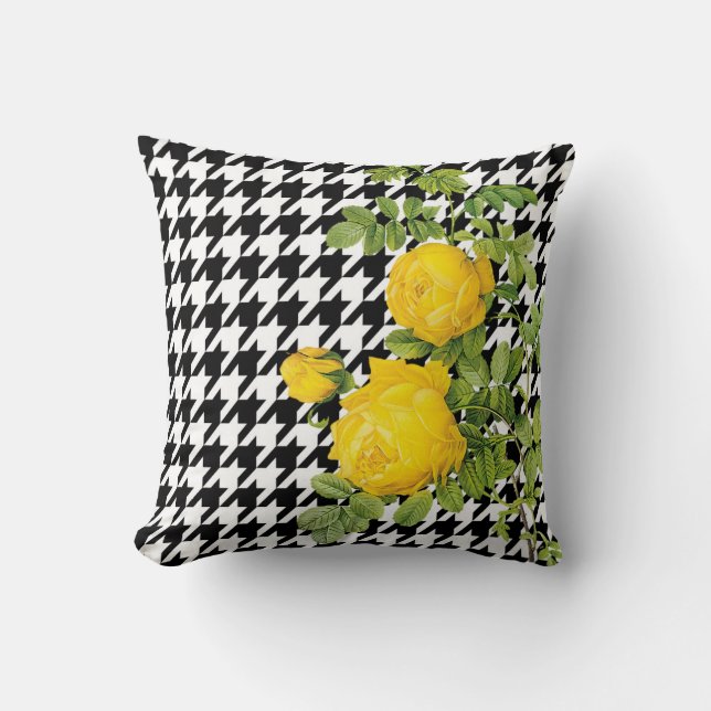 Modern Black and White Houndstooth Yellow Roses Throw Pillow (Front)