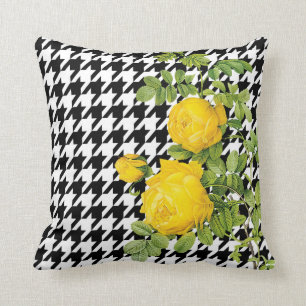 Modern Black and White Houndstooth Yellow Roses Throw Pillow