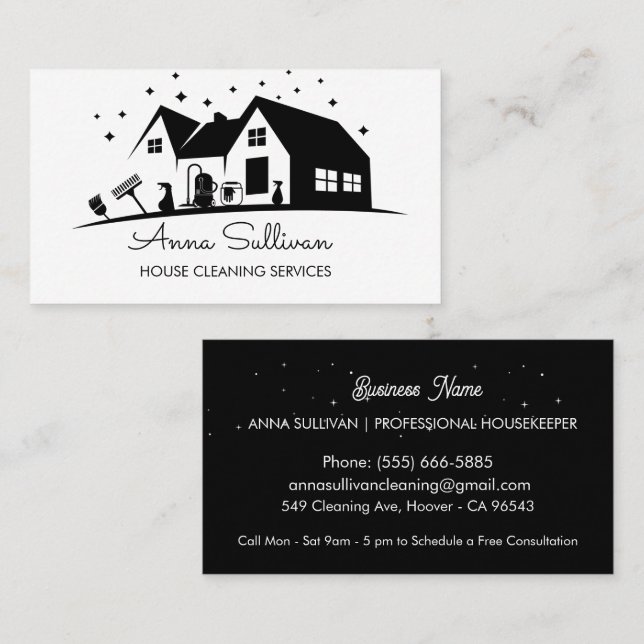 Modern Black and White House Cleaning Services Business Card (Front/Back)