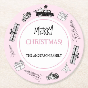 Modern Black and White Illustration on Pink Round Paper Coaster