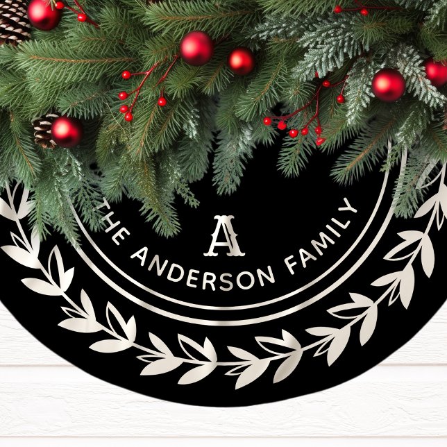 Modern Black and White Laurel Family Initial Brushed Polyester Tree Skirt (Creator Uploaded)