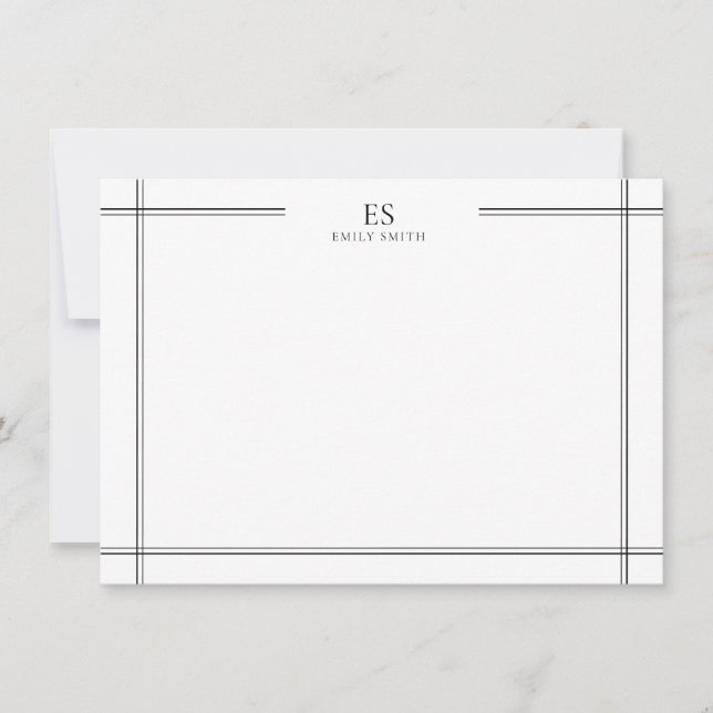 Modern Black and White Line Border Monogram Card (Front)