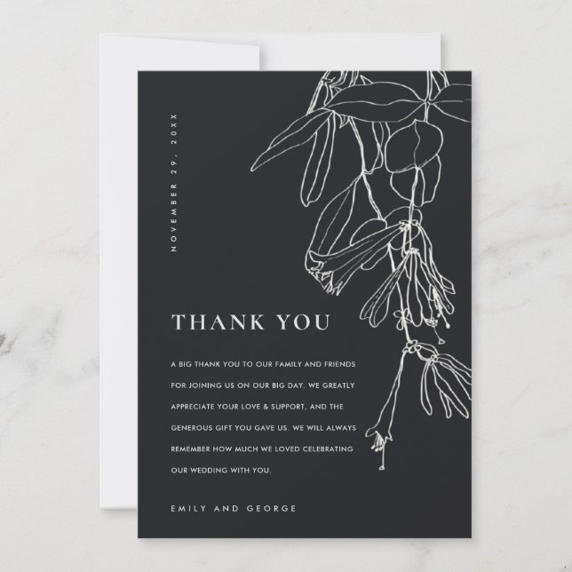 MODERN BLACK AND WHITE LINE DRAWING FLORAL WEDDING THANK YOU CARD (Front)
