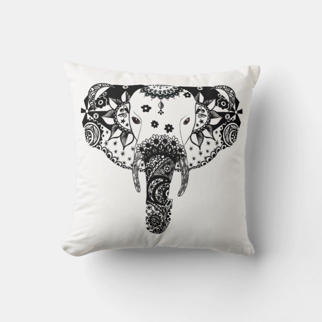 Modern black and white line tangle elephant throw pillow (Front)