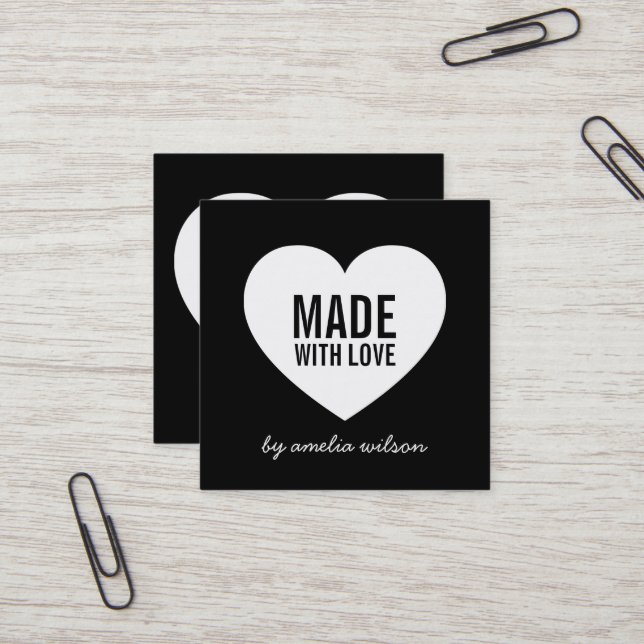 Modern Black and White Made with Love Heart Square Business Card (Front/Back In Situ)