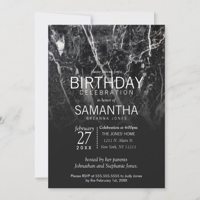 Modern Black and White Marble Birthday Party Invitation (Front)