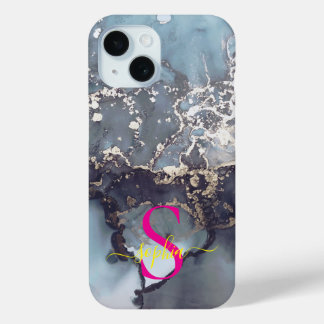 modern black and white marble monogram iPhone 15 case