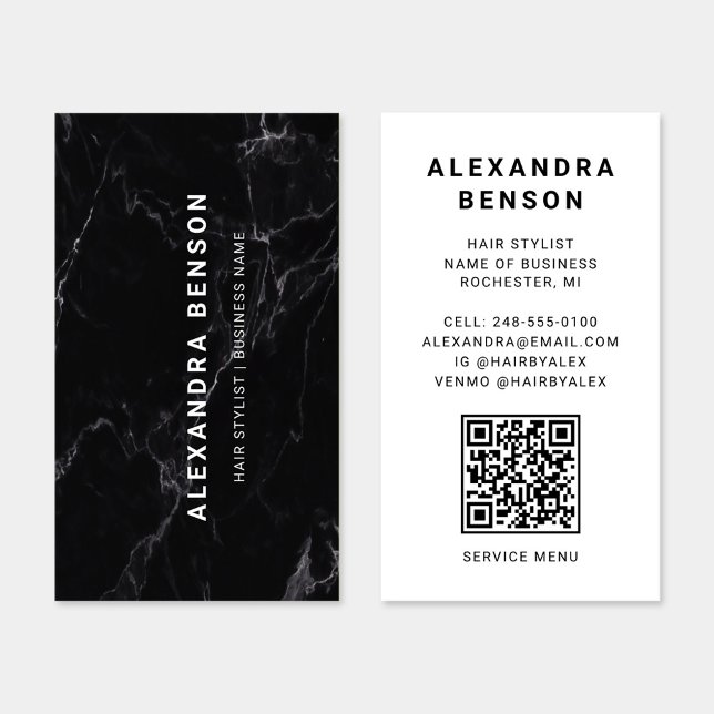 Modern Black and White Marble QR Code Business Card (Creator Uploaded)