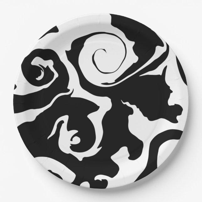 Modern Black and White marble swirl Paper Plate (Front)