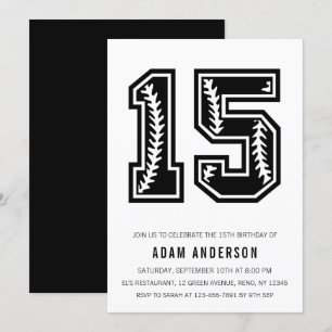 Modern Black And White Men's 15th Birthday Invitation