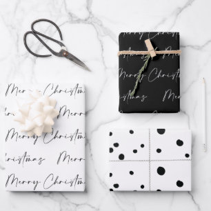 Modern Black and White Merry Christmas Calligraphy Wrapping Paper Sheet