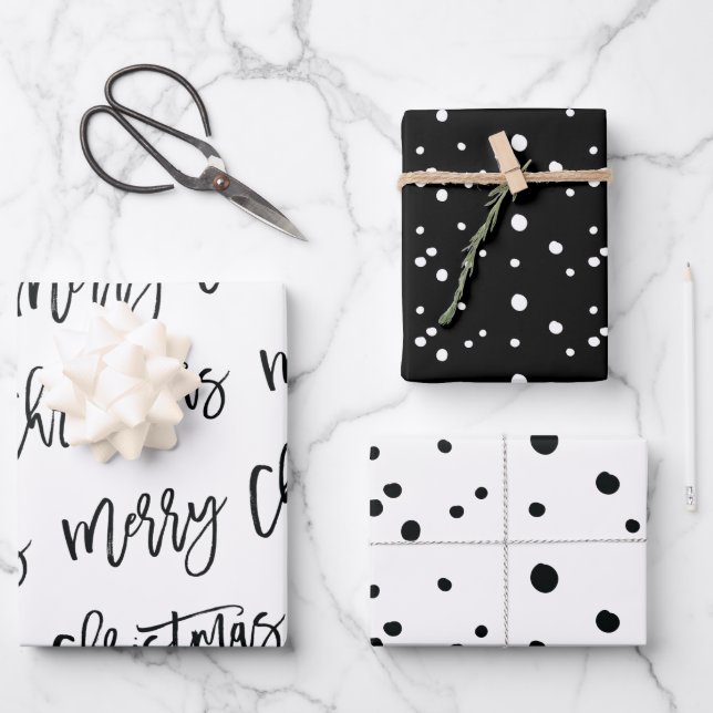 Modern Black and White Merry Christmas Calligraphy Wrapping Paper Sheet (Front)