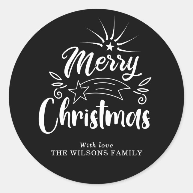 Modern Black and White Merry Christmas Stars  Classic Round Sticker (Front)