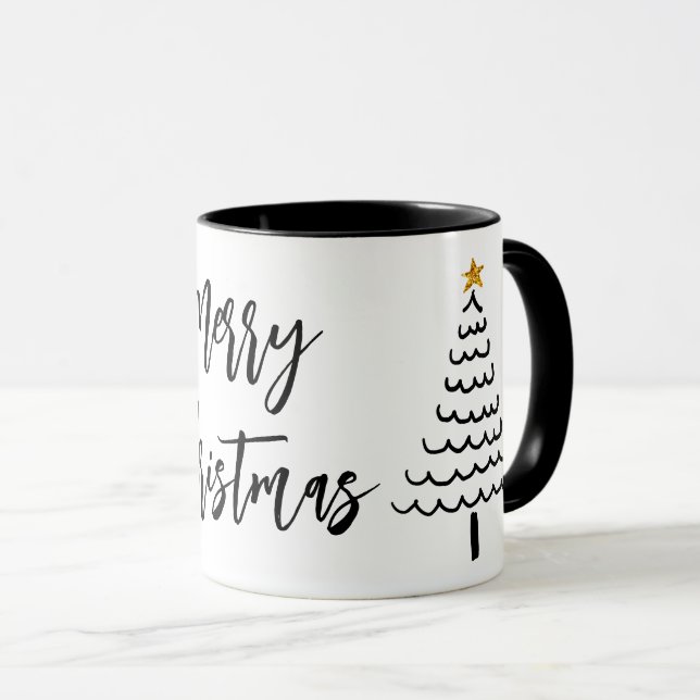 Modern Black And White Merry Christmas Tree  Mug (Front Right)