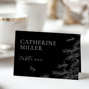 Modern Black And White Minimal Leaves Place Card