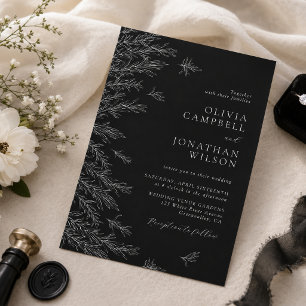 Modern Black And White Minimal Leaves Wedding Invitation