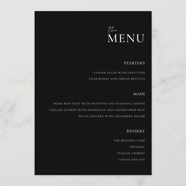 Modern Black and White Minimal Wedding Menu (Front)