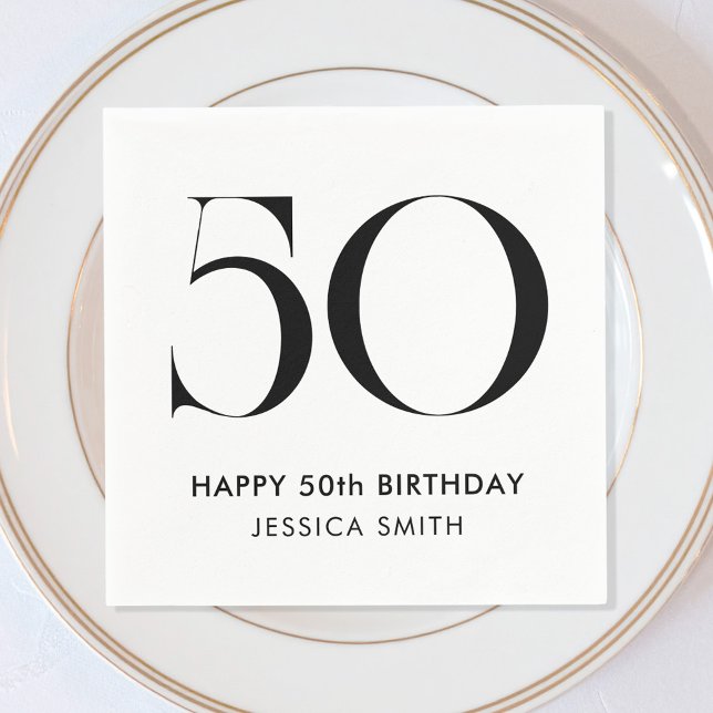 Modern Black and White Minimalist 50th Birthday Napkin (Creator Uploaded)