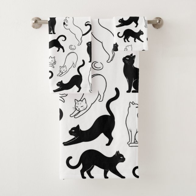 Modern Black and White Minimalist Cat Bath Towel Set (Insitu)