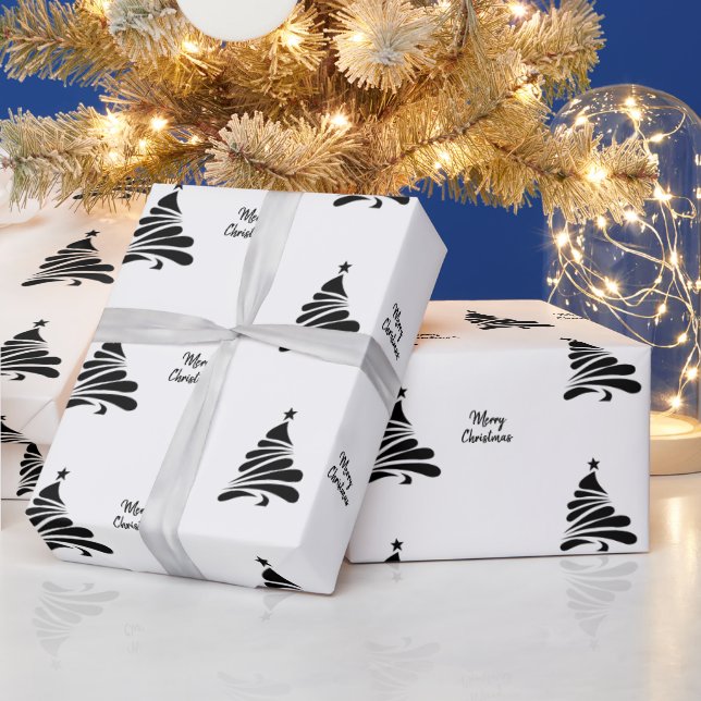 Modern Black And White Minimalist Christmas Tree  Wrapping Paper (Holidays)