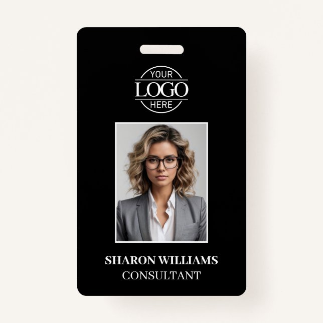 Modern Black and White Minimalist Employee Photo Badge (Front)