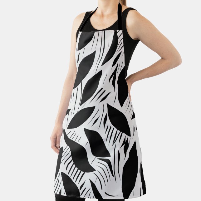 Modern Black and White Minimalist Leaf Pattern Apron (Insitu)
