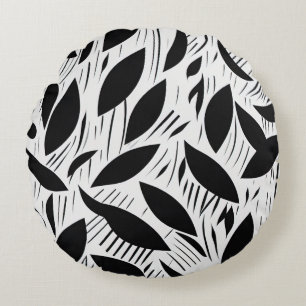 Modern Black and White Minimalist Leaf Pattern Round Pillow