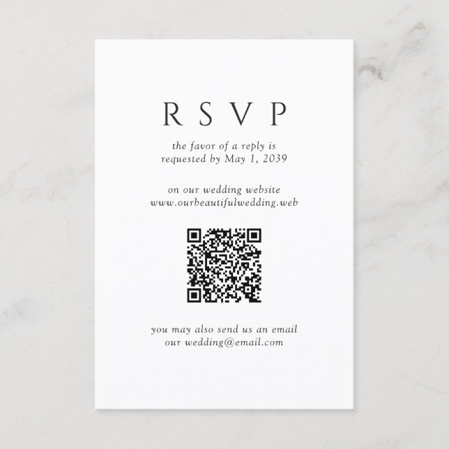 Modern Black and White Minimalist QR Code Wedding RSVP Card (Front)