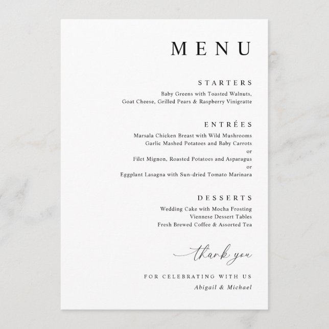 Modern Black and White Minimalist Wedding Menu (Front)