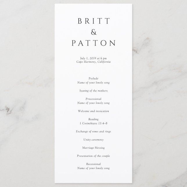 Modern Black and White Minimalist Wedding Program (Front)
