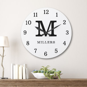 Modern Black And White Monogram Family Name Large Clock