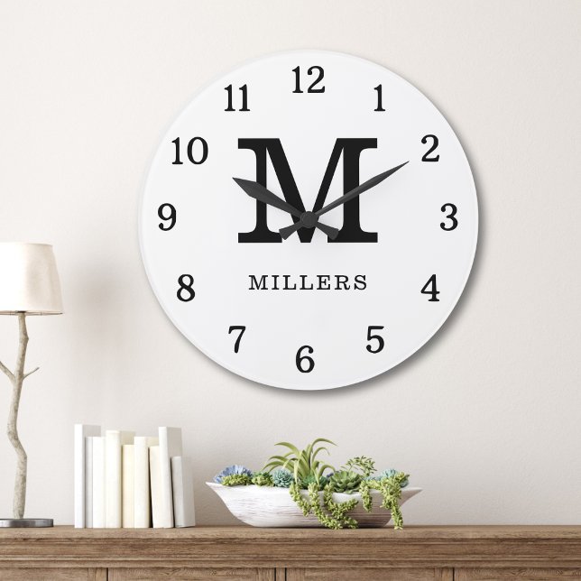 Modern Black And White Monogram Family Name  Large Clock (Creator Uploaded)