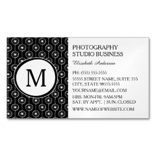 Modern Black and White Monogram Hearts Pattern Magnetic Business Card