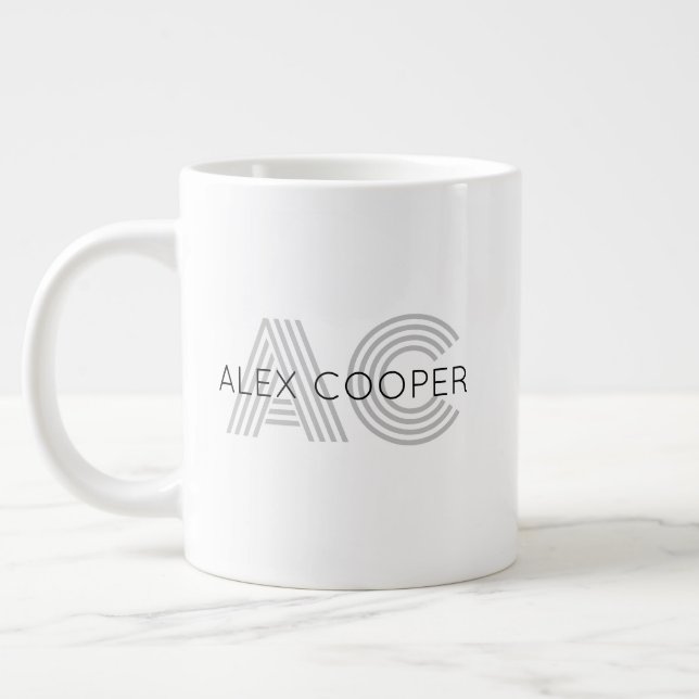 Modern Black and White Monogram Large Coffee Mug (Left)