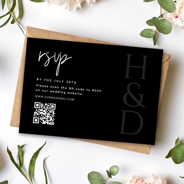 Modern Black and White Monogram Minimalist Wedding RSVP Card (Creator Uploaded)