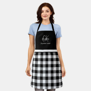 Modern Black and White Monogram Plaid  Apron