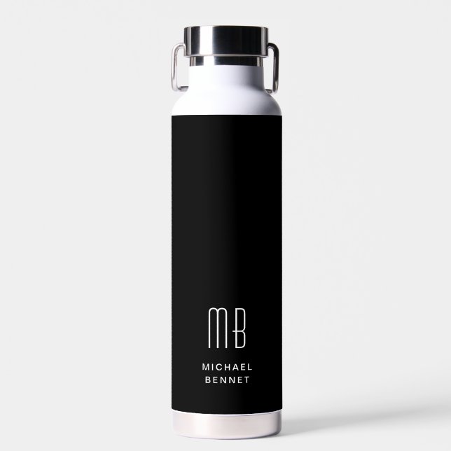 Modern Black And White Monogram Water Bottle (Front)