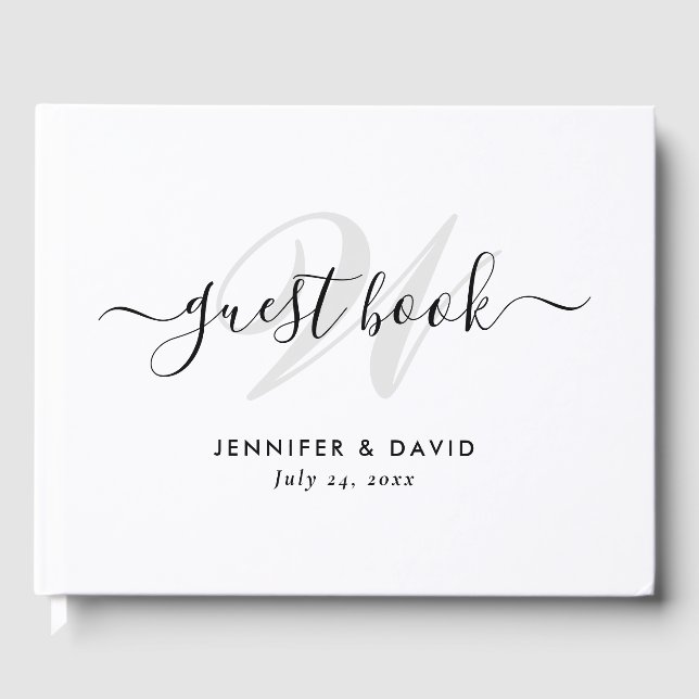 Modern Black and White Monogram Wedding Guest Book (Front)