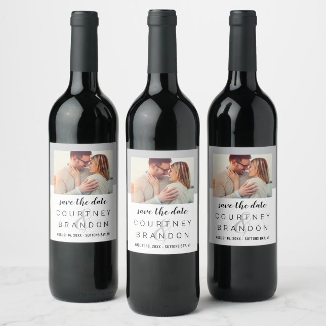 Modern Black and White Monogram Wedding Photo Save Wine Label (Bottles)
