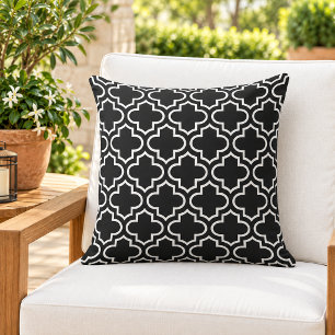 Modern Black and White Moroccan Quatrefoil Pattern Outdoor Pillow
