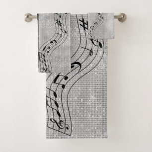 Modern Black and White Musical Notes Bath Towel Set