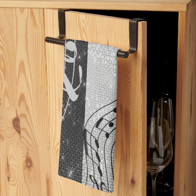 Modern Black and White Musical Notes Kitchen Towel (Thirds Fold)
